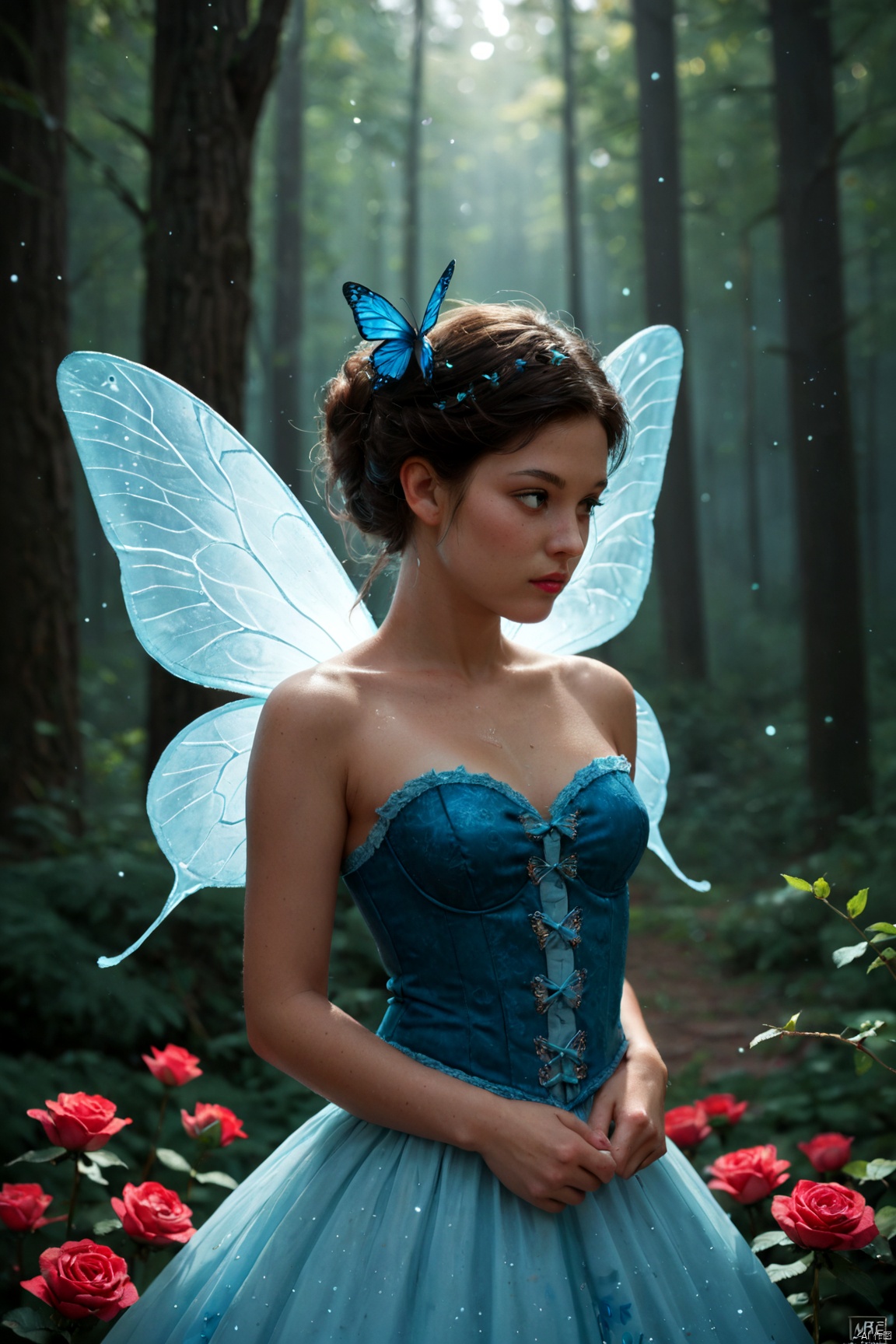 score_9,score_8_up, score_7_up,The masterful brushstrokes of Peter Paul Rubens and Rembrandt give life to a tiny woodland fairy with blue butterfly wings flying over rose flowers. SHE IE 1 15 YEARLS OLD  CHINESE GIRL,She wears a blue corset. . Hieratic pose. Her body radiates a soft light amidst a mysterious, night forest background. Dramatic oil lighting. Ultra highly detailed, sharp details. Sparkle Glowing