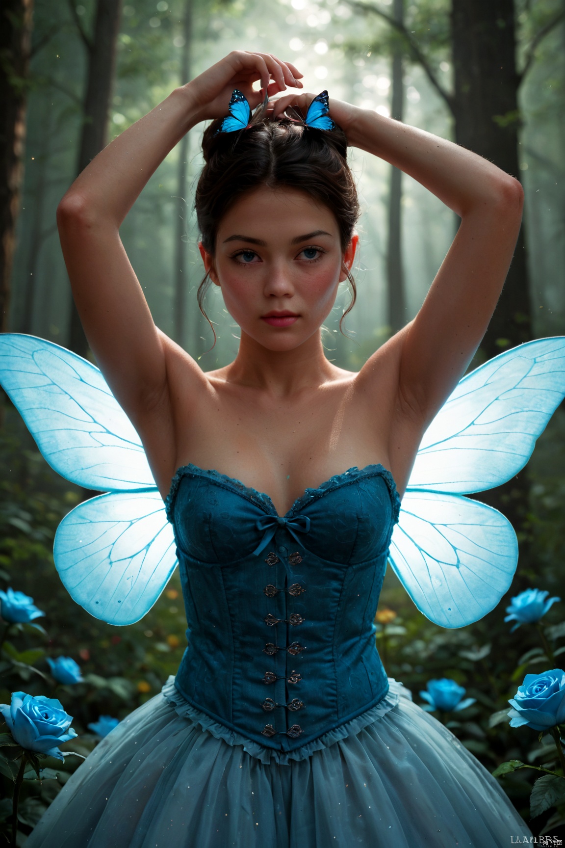 score_9,score_8_up, score_7_up,The masterful brushstrokes of Peter Paul Rubens and Rembrandt give life to a tiny woodland fairy with blue butterfly wings flying over rose flowers. SHE IE 1 15 YEARLS OLD  CHINESE GIRL,She wears a blue corset. . Hieratic pose. Her body radiates a soft light amidst a mysterious, night forest background. Dramatic oil lighting. Ultra highly detailed, sharp details. Sparkle Glowing