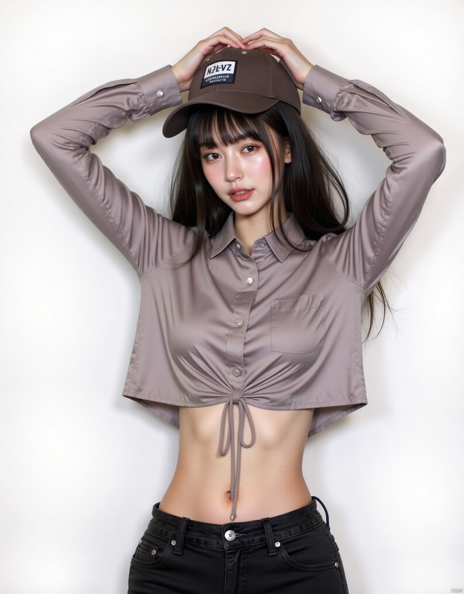1girl, solo, long hair, looking at viewer, shirt, black hair, hat, navel, midriff, pants, arms up, baseball cap, realistic