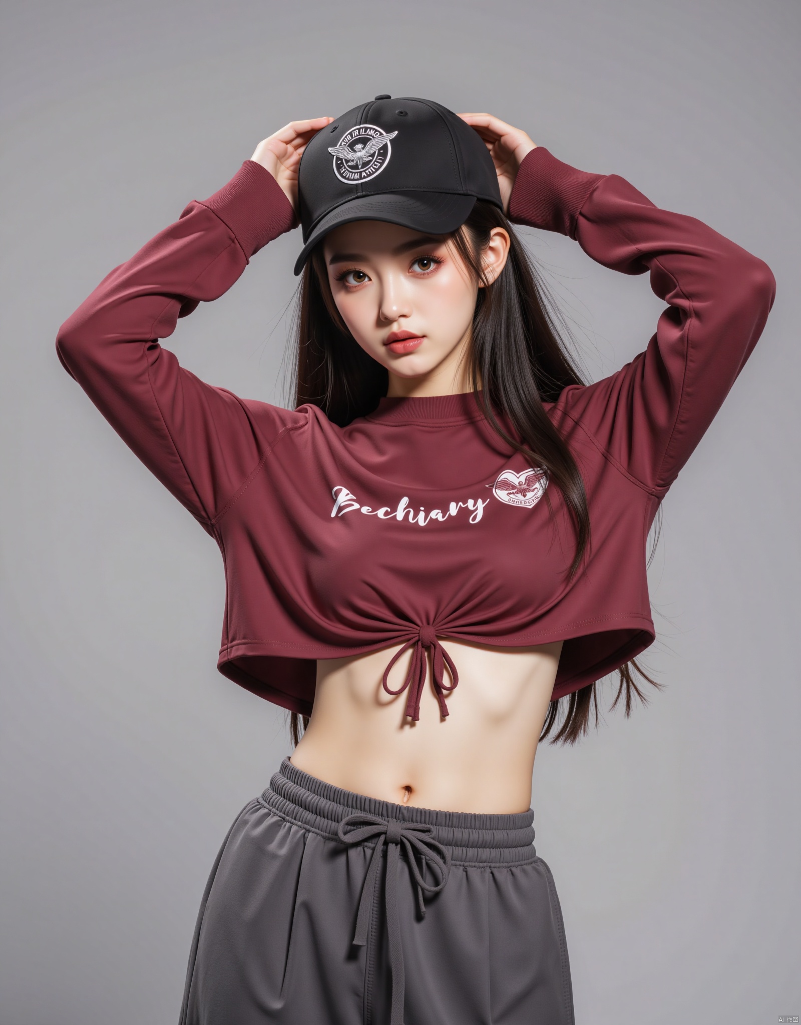 1girl, solo, long hair, looking at viewer, shirt, black hair, hat, navel, midriff, pants, arms up, baseball cap, realistic