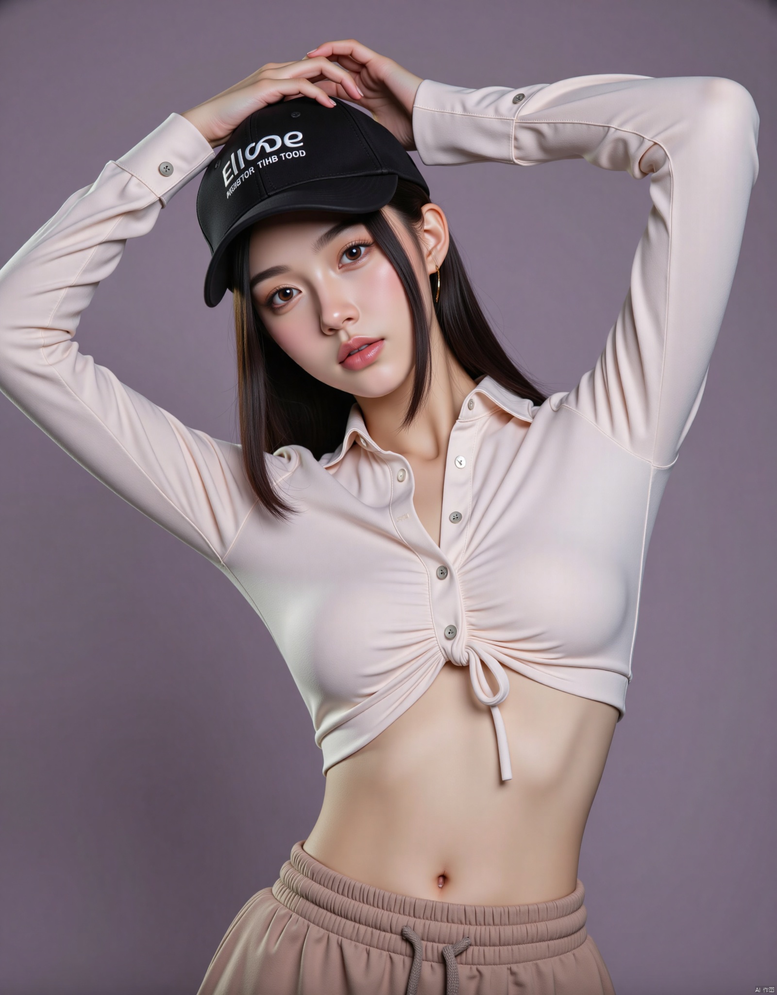 1girl, solo, long hair, looking at viewer, shirt, black hair, hat, navel, midriff, pants, arms up, baseball cap, realistic
