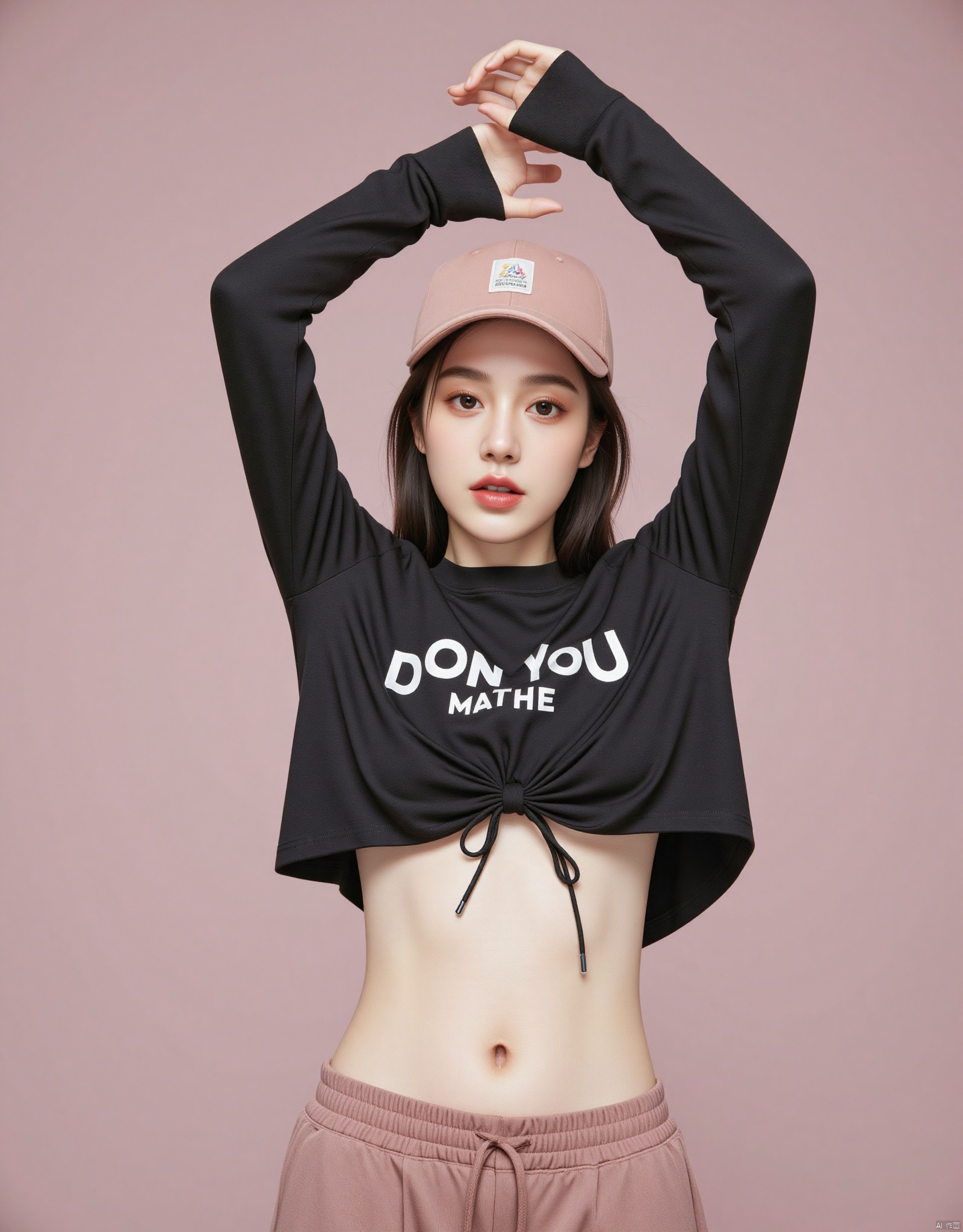 1girl, solo, long hair, looking at viewer, shirt, black hair, hat, navel, midriff, pants, arms up, baseball cap, realistic