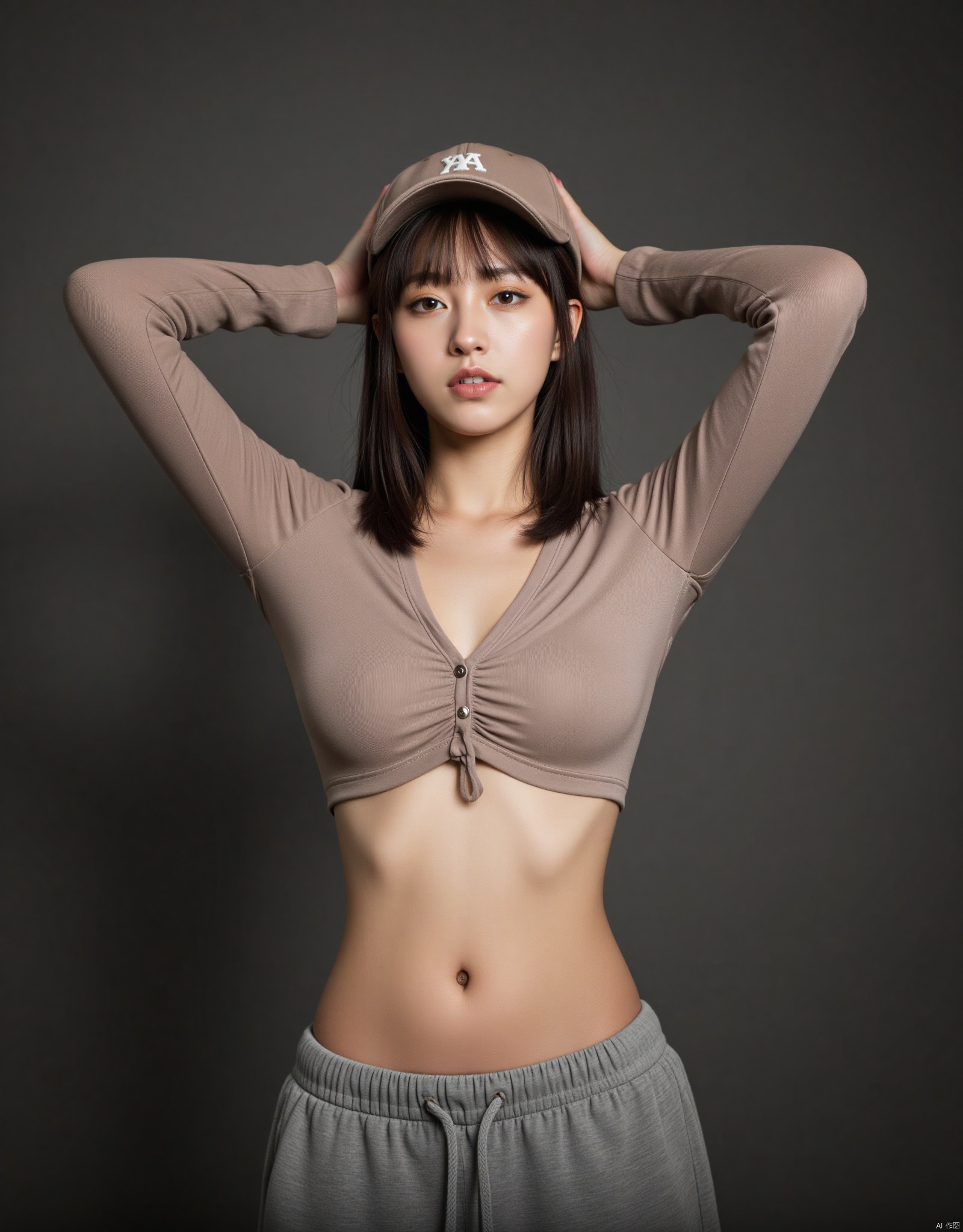 1 girl, solo, long hair, looking at the audience, shirt, black hair, hat, belly button, medium chest, cleavage, abdomen, pants, arms up, baseball cap, realistic