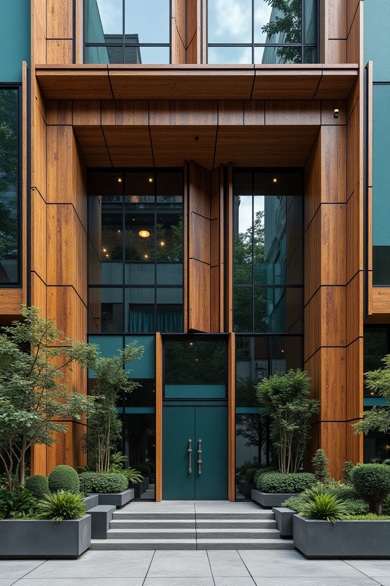 A striking architectural art piece featuring a building with a brown and teal color scheme. The scene is framed in a mediu...