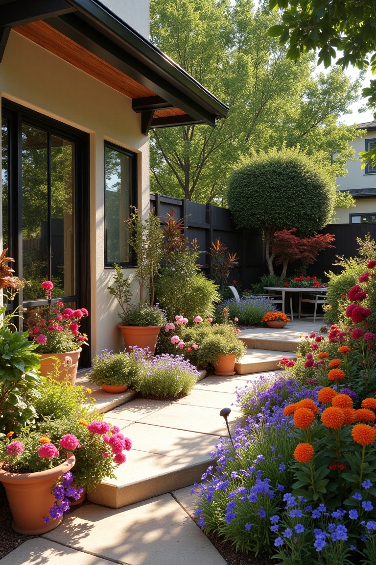 A vibrant architectural art piece capturing a backyard outdoor space filled with colorful flowers. The scene is framed in...