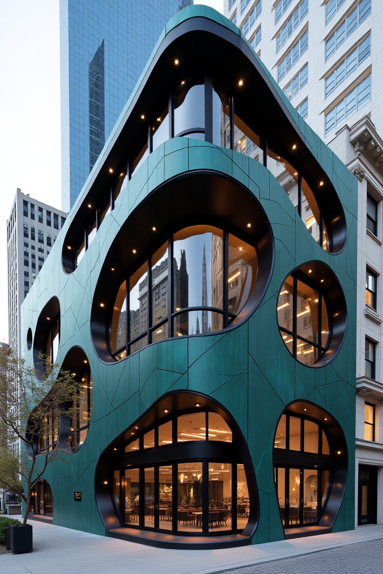 A sleek architectural art piece featuring a building with glass,  teal wood,  and black-brown elements. The scene is frame...