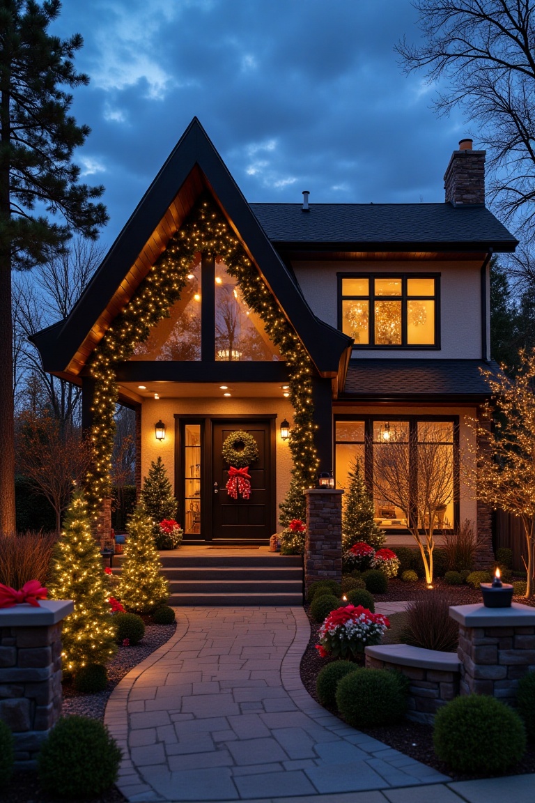 A festive architectural art piece showcasing a modern house adorned with Christmas decorations. The scene is framed in a w...