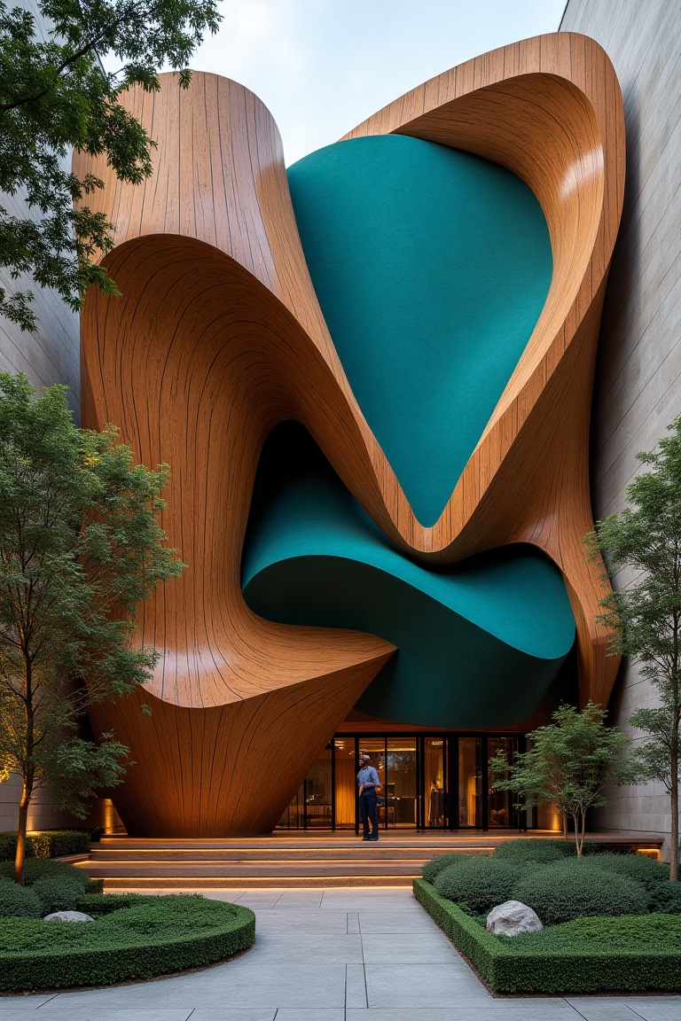 A striking architectural art piece featuring a building with a brown and teal color scheme. The scene is framed in a mediu...