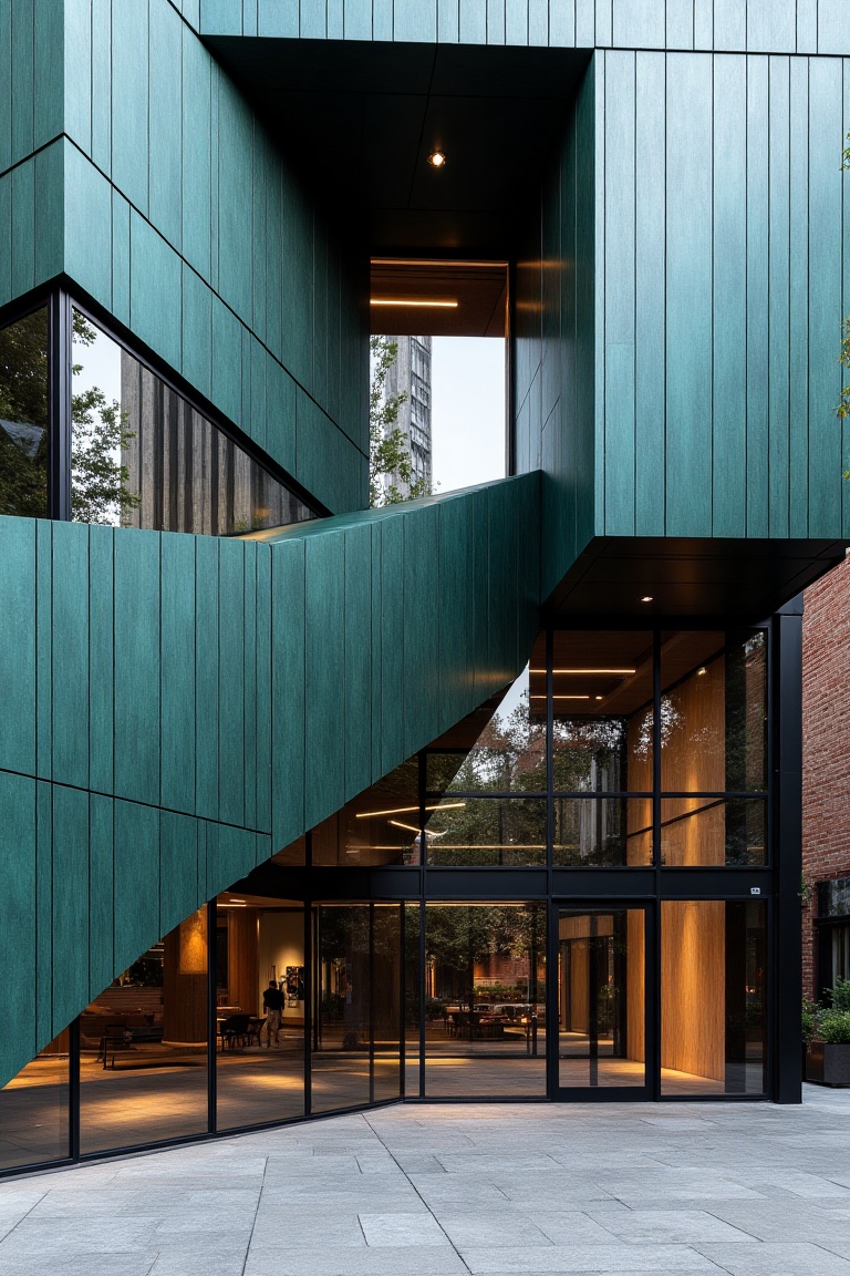 A sleek architectural art piece featuring a building with glass,  teal wood,  and black-brown elements. The scene is frame...