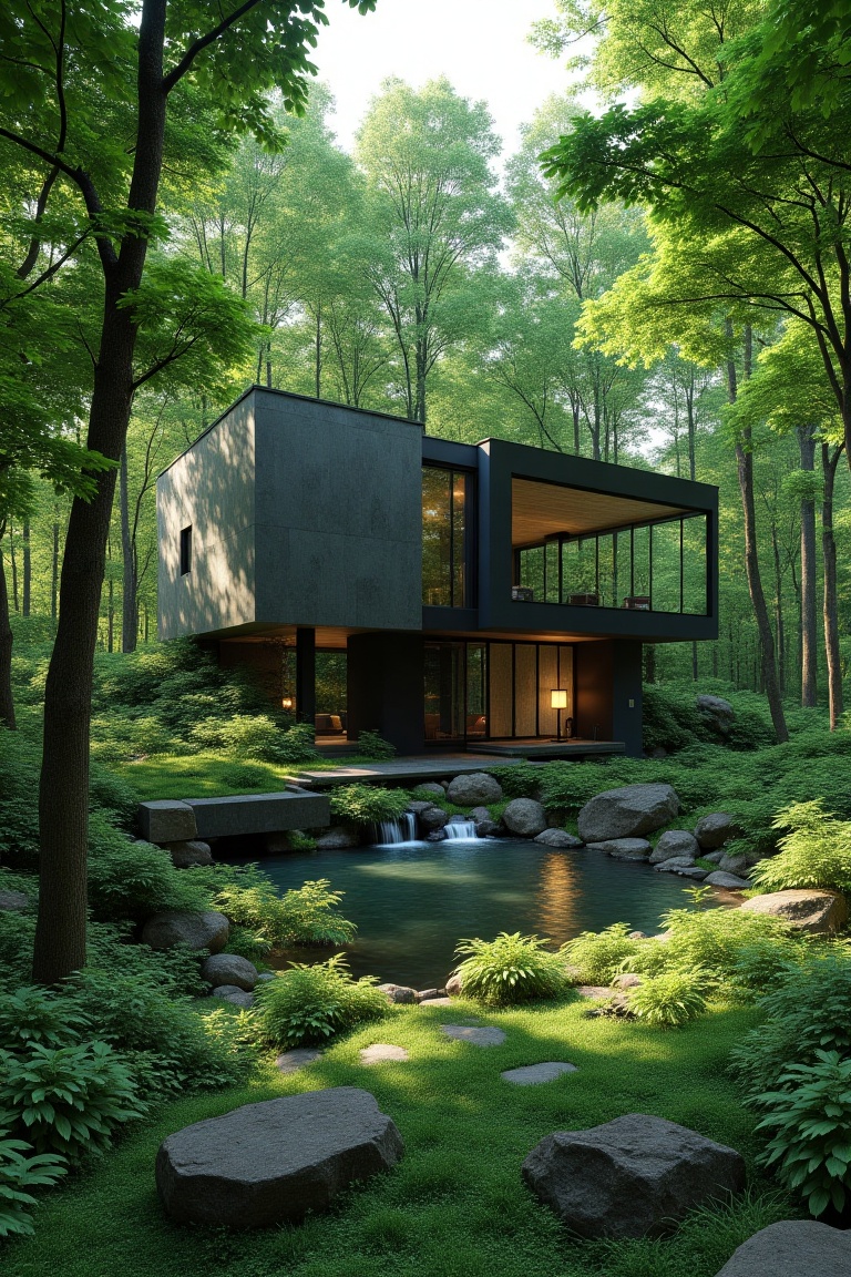 A serene architectural art piece set in a lush green landscape. The scene is framed in a wide shot,  showcasing the harmon...