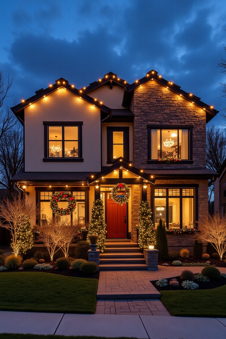 A festive architectural art piece showcasing a modern house adorned with Christmas decorations. The scene is framed in a w...