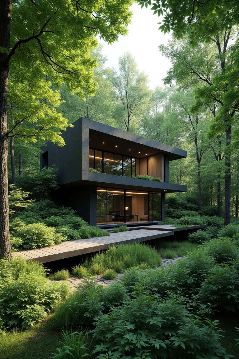 A serene architectural art piece set in a lush green landscape. The scene is framed in a wide shot,  showcasing the harmon...