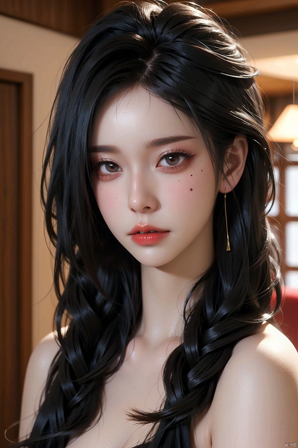 1girl solo long hair looking at viewer black hair upper body parted lips teeth indoors mole lips mole under eye pale skin realistic red lips