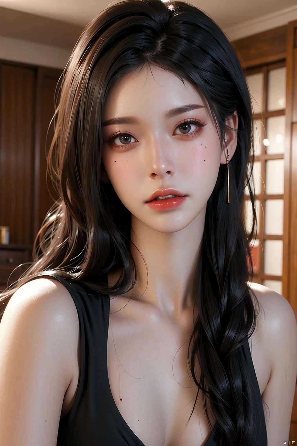 1girl solo long hair looking at viewer black hair upper body parted lips teeth indoors mole lips mole under eye pale skin realistic red lips