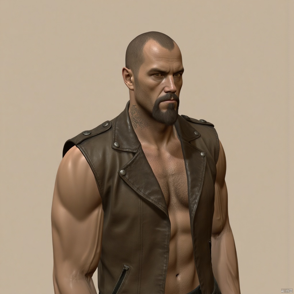 Francis,solo,simple background,1boy,navel,upper body,male focus,open clothes,sleeveless,muscular,facial hair,beard,bald,chest hair,3D
