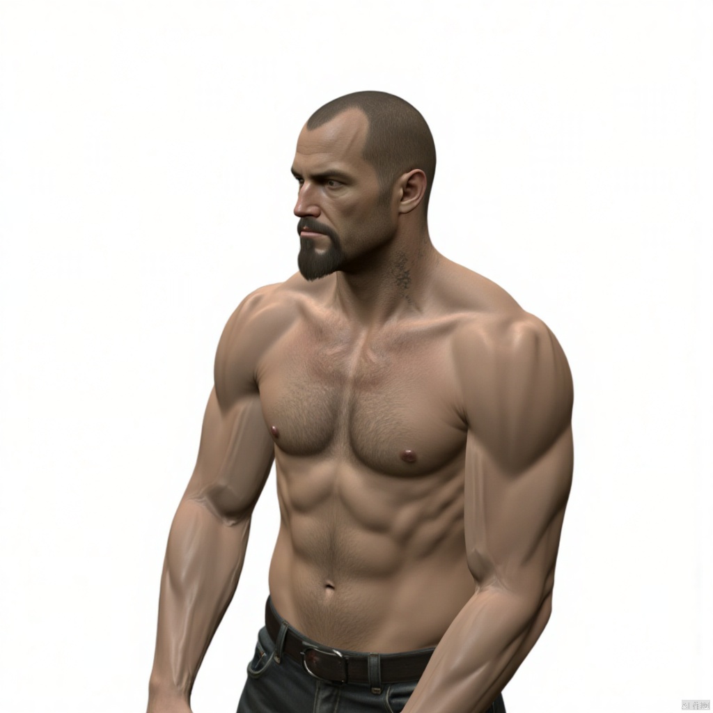 Francis,solo,simple background,1boy,navel,upper body,male focus,open clothes,sleeveless,muscular,facial hair,beard,bald,chest hair,3D
