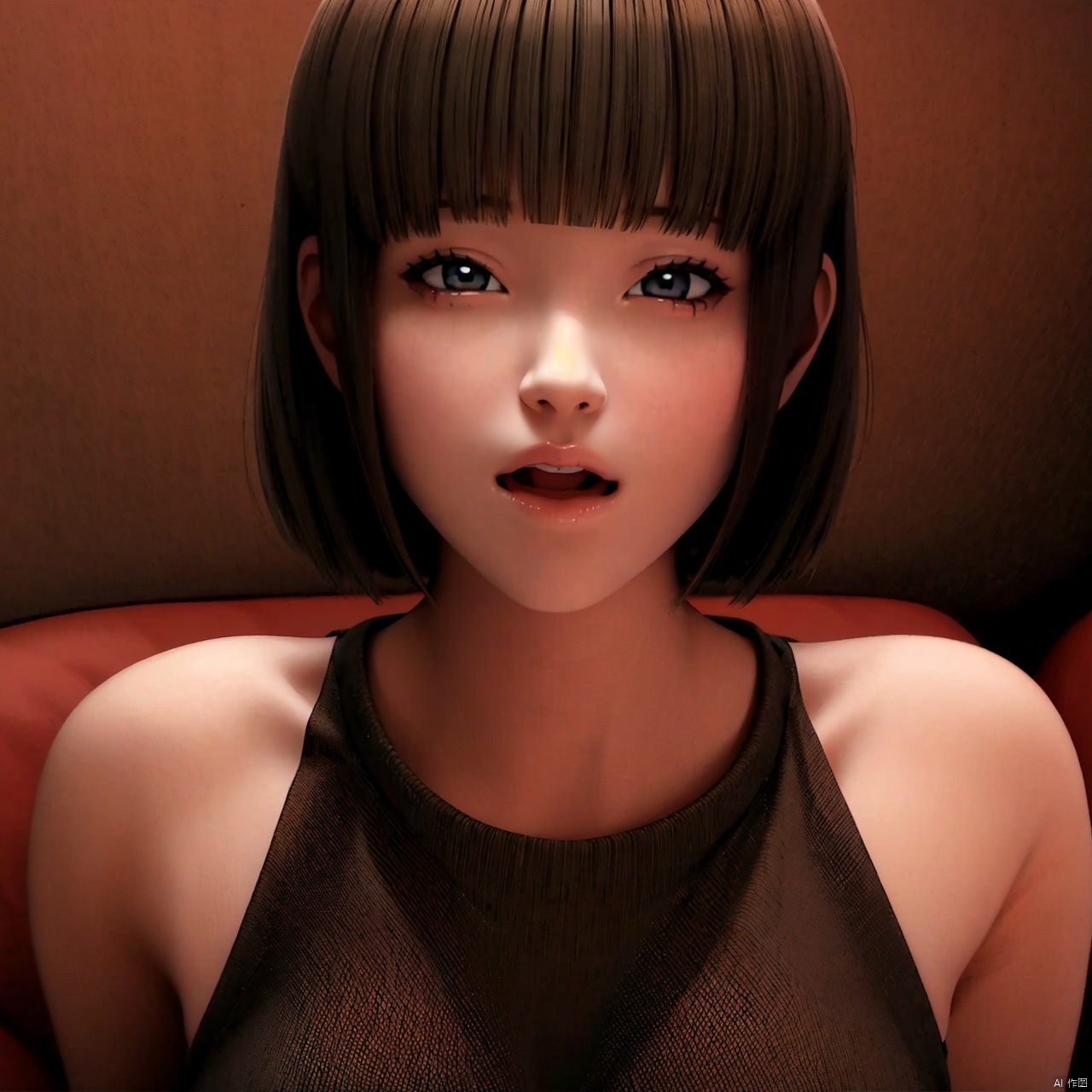 1girl solo looking at viewer short hair open mouth bangs brown hair upper body  wings blunt bangs lips realistic