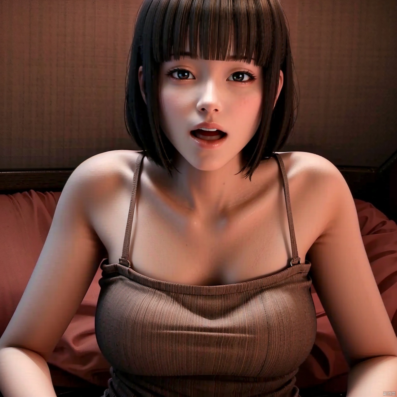 1girl solo looking at viewer short hair open mouth bangs brown hair upper body  wings blunt bangs lips realistic