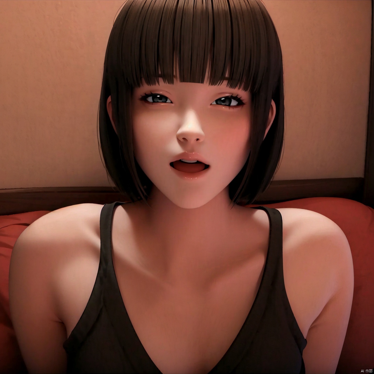 1girl solo looking at viewer short hair open mouth bangs brown hair upper body  wings blunt bangs lips realistic