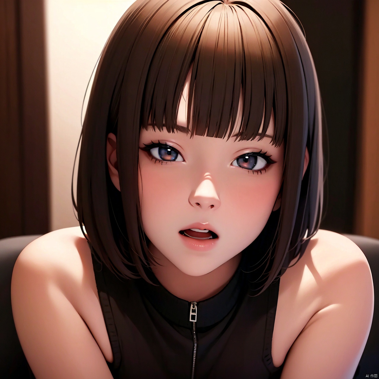 1girl solo looking at viewer short hair open mouth bangs brown hair upper body  wings blunt bangs lips realistic