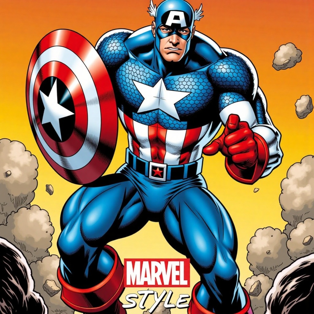 captain america in action with word in bottom line " Marvel Style",  Marvel Comic on Tensor.Art