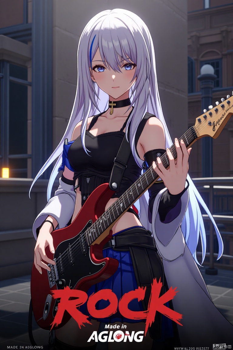 A solo 1girl with long hair, holding an electric guitar. She stands confidently, framed mid-shot, with dynamic lighting emphasizing her pose. Below her, the text ROCK appears, and at the bottom, the subtitle Made in Aglong is displayed.