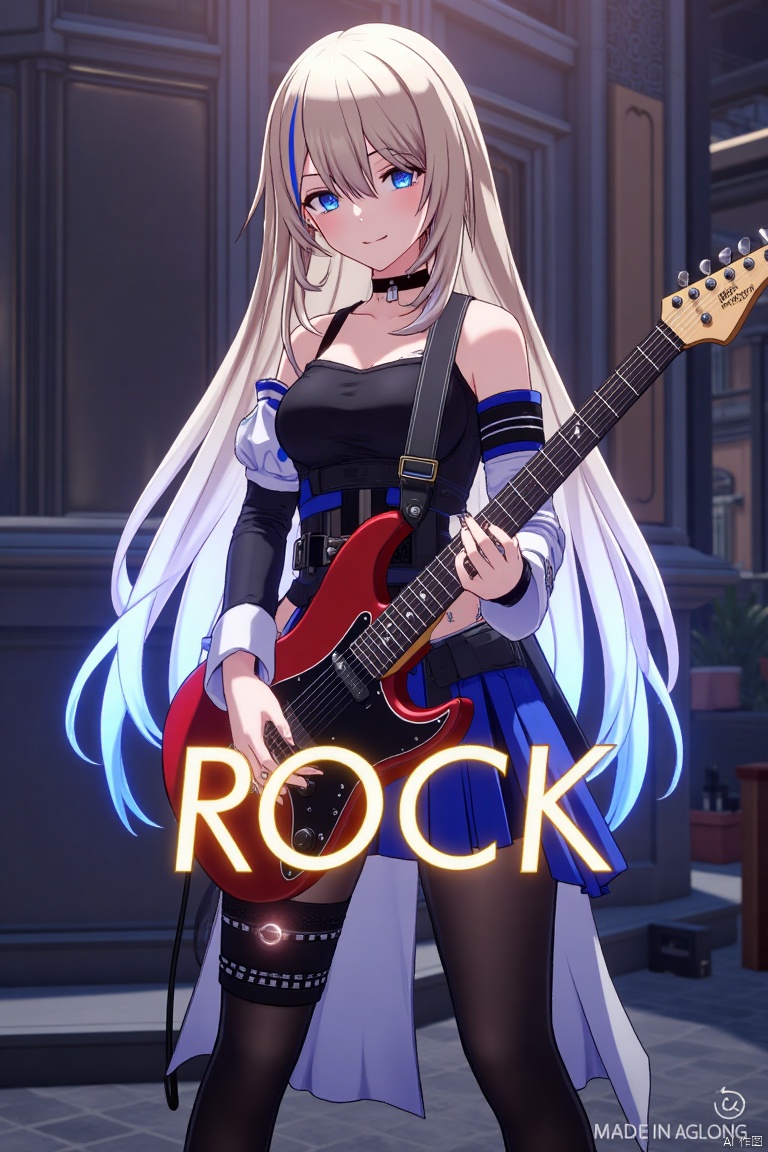 A solo 1girl with long hair, holding an electric guitar. She stands confidently, framed mid-shot, with dynamic lighting emphasizing her pose. Below her, the text ROCK appears, and at the bottom, the subtitle Made in Aglong is displayed.
