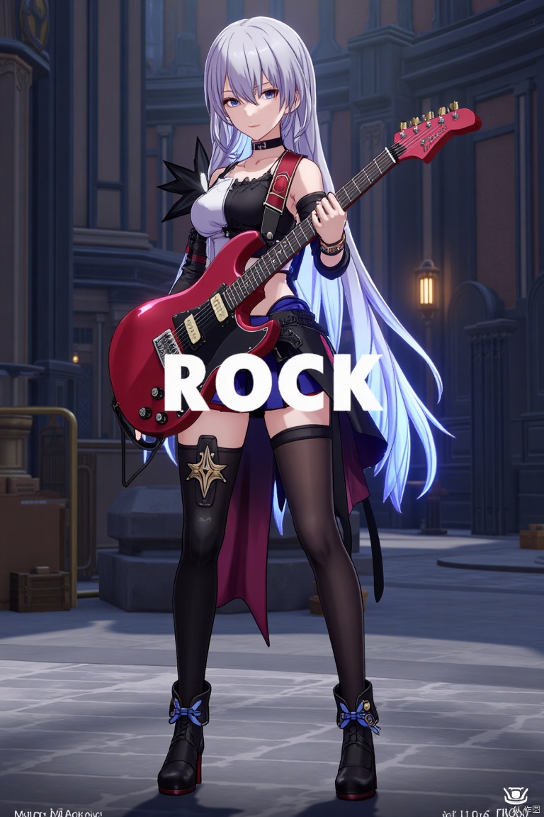 A solo 1girl with long hair, holding an electric guitar. She stands confidently, framed mid-shot, with dynamic lighting emphasizing her pose. Below her, the text ROCK appears, and at the bottom, the subtitle Made in Aglong is displayed.