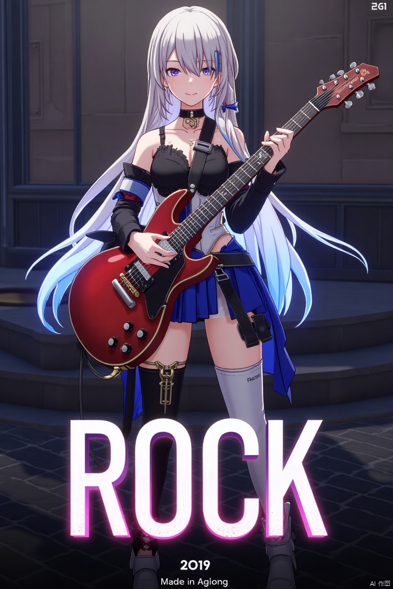 A solo 1girl with long hair, holding an electric guitar. She stands confidently, framed mid-shot, with dynamic lighting emphasizing her pose. Below her, the text ROCK appears, and at the bottom, the subtitle Made in Aglong is displayed.