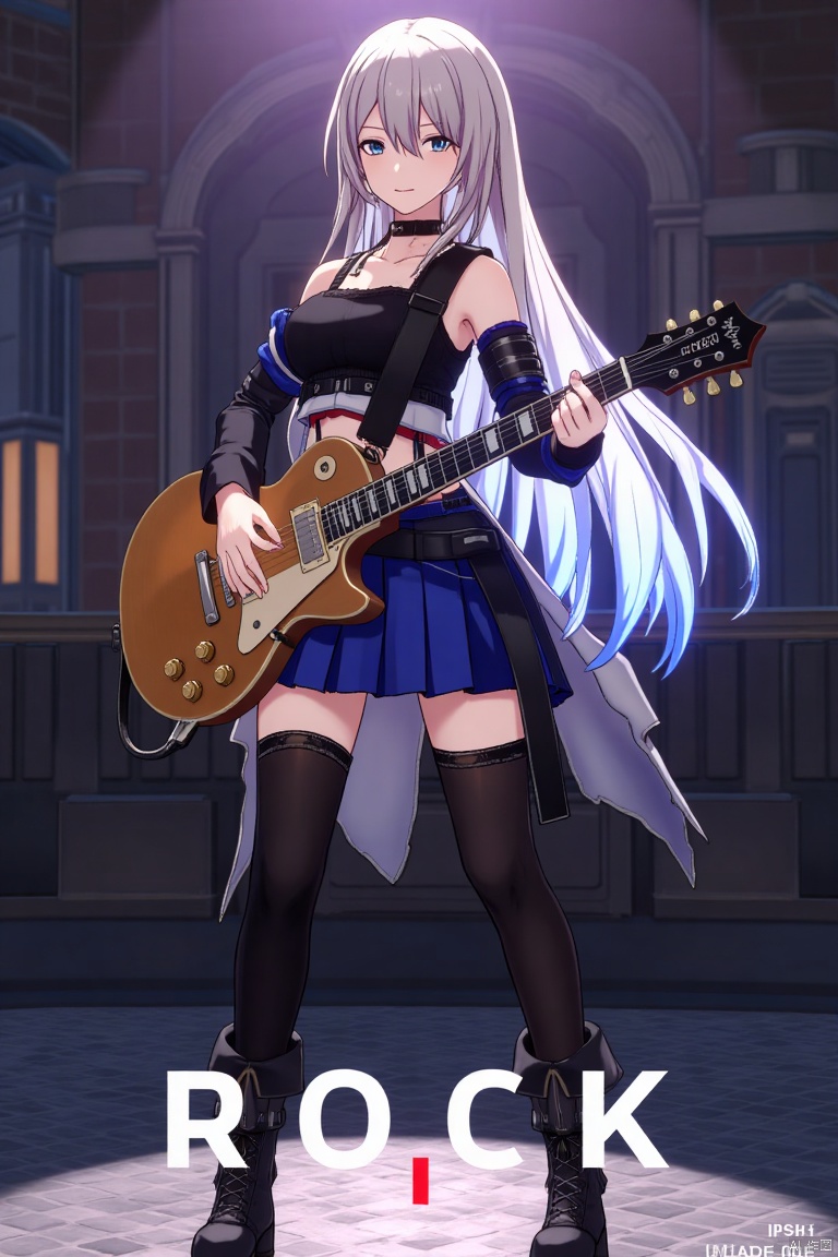 A solo 1girl with long hair, holding an electric guitar. She stands confidently, framed mid-shot, with dynamic lighting emphasizing her pose. Below her, the text ROCK appears, and at the bottom, the subtitle Made in Aglong is displayed.
