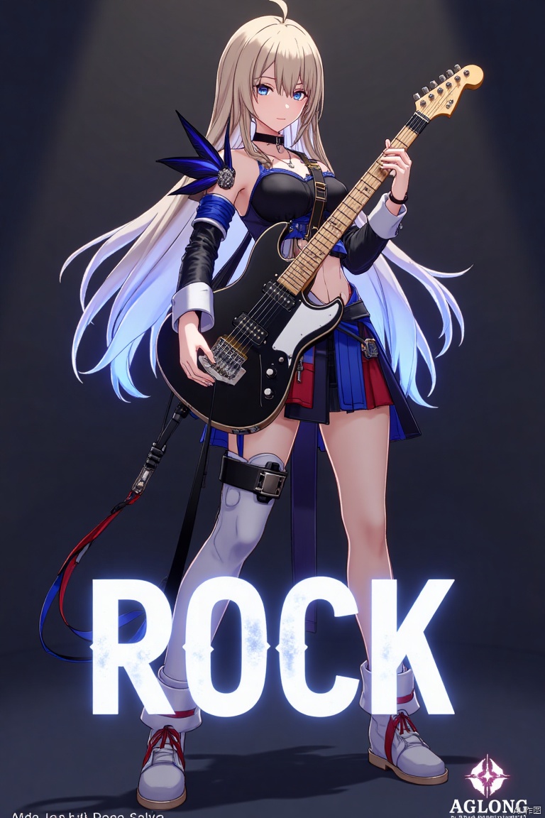 A solo 1girl with long hair, holding an electric guitar. She stands confidently, framed mid-shot, with dynamic lighting emphasizing her pose. Below her, the text ROCK appears, and at the bottom, the subtitle Made in Aglong is displayed.