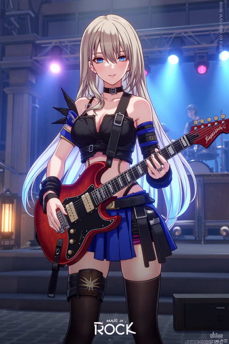 1girl, solo, long hair, holding an electric guitar, dynamic pose, ROCK text below, Made in Aglong subtitle at bottom, centered composition, concert stage, full body shot, energetic lighting, detailed guitar, expressive face, high contrast, motion blur, vibrant atmosphere.