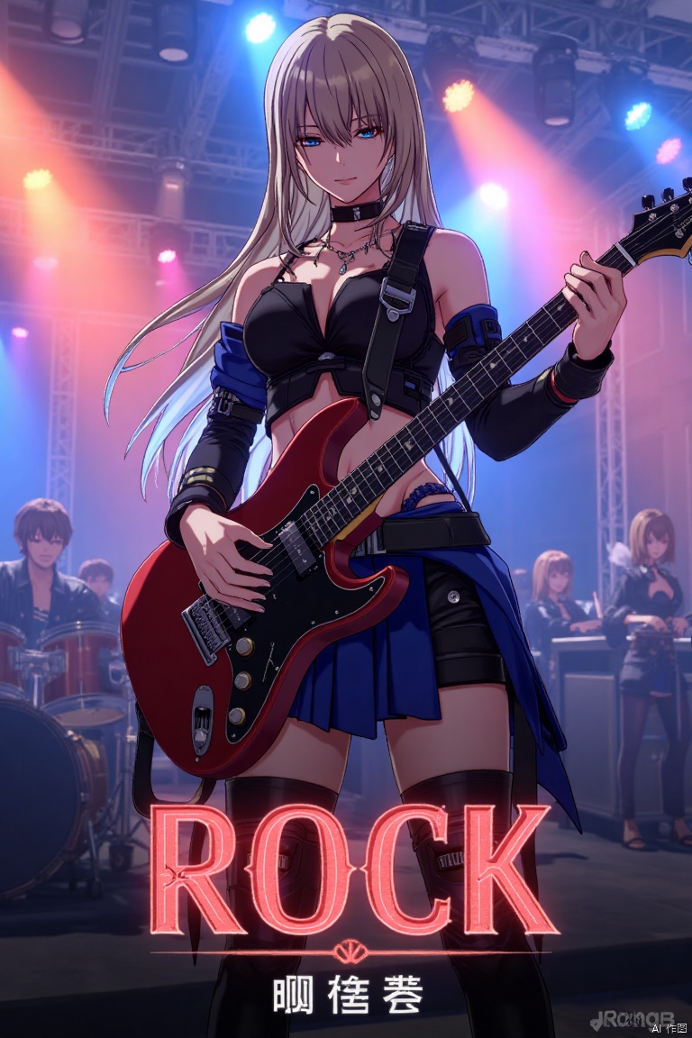 1girl, solo, long hair, holding an electric guitar, dynamic pose, ROCK text below, Made in Aglong subtitle at bottom, centered composition, concert stage, full body shot, energetic lighting, detailed guitar, expressive face, high contrast, motion blur, vibrant atmosphere.