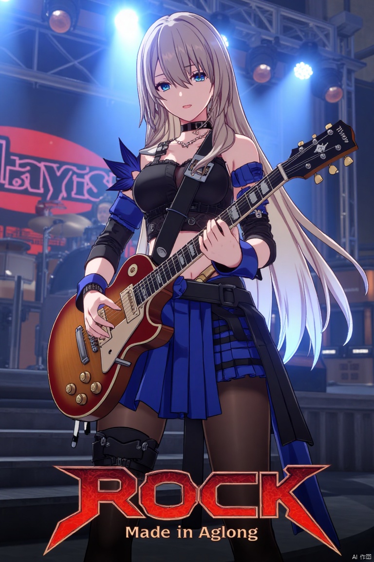 1girl, solo, long hair, holding an electric guitar, dynamic pose, ROCK text below, Made in Aglong subtitle at bottom, centered composition, concert stage, full body shot, energetic lighting, detailed guitar, expressive face, high contrast, motion blur, vibrant atmosphere.