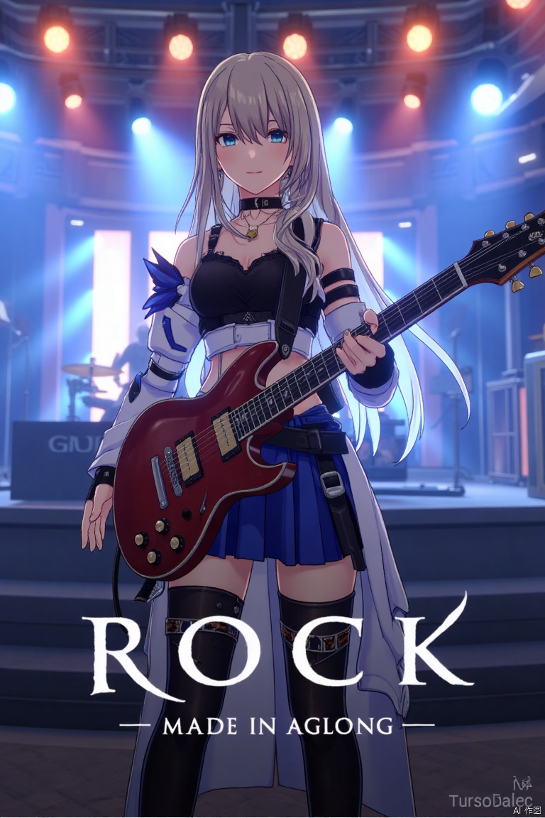 1girl, solo, long hair, holding an electric guitar, dynamic pose, ROCK text below, Made in Aglong subtitle at bottom, centered composition, concert stage, full body shot, energetic lighting, detailed guitar, expressive face, high contrast, motion blur, vibrant atmosphere.