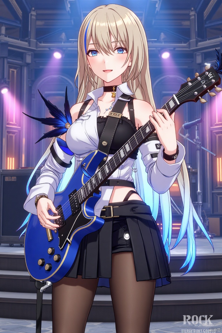 1girl, solo, long hair, breasts, looking at viewer, blush, smile, open mouth, bangs, blue eyes, skirt, blonde hair, shirt, long sleeves, holding, bare shoulders, jewelry, blue hair, white shirt, pantyhose, multicolored hair, cowboy shot, earrings, parted lips, detached sleeves, choker, black skirt, streaked hair, black pantyhose, black choker, feathers, instrument, microphone, music, guitar, playing instrument, holding instrument, electric guitar, microphone stand, stage lights, ROCK text below, Made in Aglong subtitle at bottom, concert stage, full body shot, energetic lighting, detailed guitar, expressive face, high contrast, motion blur, vibrant atmosphere.