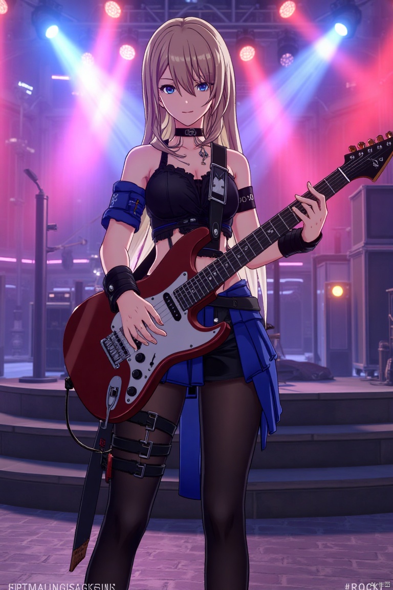 1girl, solo, long hair, holding an electric guitar, dynamic pose, vibrant stage lighting, ROCK text above, Made in Aglong subtitle below, centered composition, concert setting, full body shot, energetic atmosphere, detailed guitar, expressive facial expression, high contrast, motion blur.