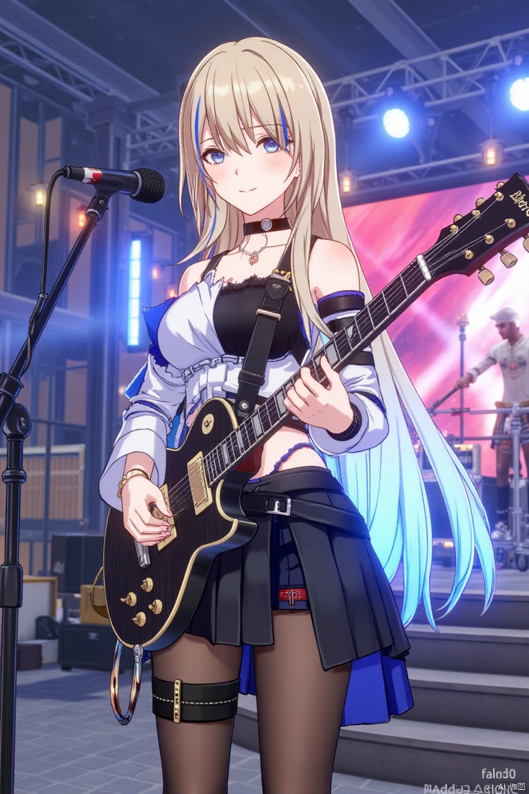 1girl, solo, long hair, breasts, looking at viewer, blush, smile, open mouth, bangs, blue eyes, skirt, blonde hair, shirt, long sleeves, holding, bare shoulders, jewelry, blue hair, white shirt, pantyhose, multicolored hair, cowboy shot, earrings, parted lips, detached sleeves, choker, black skirt, streaked hair, black pantyhose, black choker, feathers, instrument, microphone, music, guitar, playing instrument, holding instrument, electric guitar, microphone stand, stage lights, ROCK text below, Made in Aglong subtitle at bottom, concert stage, full body shot, energetic lighting, detailed guitar, expressive face, high contrast, motion blur, vibrant atmosphere.