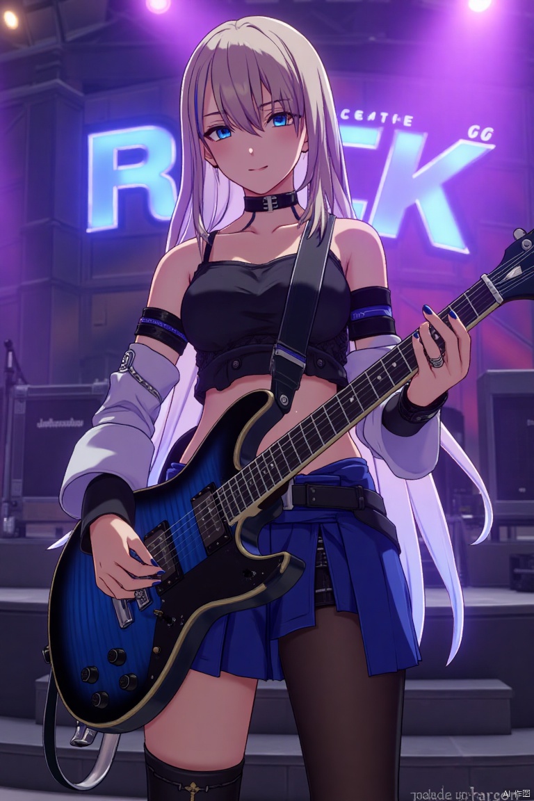 1girl, solo, long hair, holding an electric guitar, dynamic pose, vibrant stage lighting, ROCK text above, Made in Aglong subtitle below, centered composition, concert setting, full body shot, energetic atmosphere, detailed guitar, expressive facial expression, high contrast, motion blur.