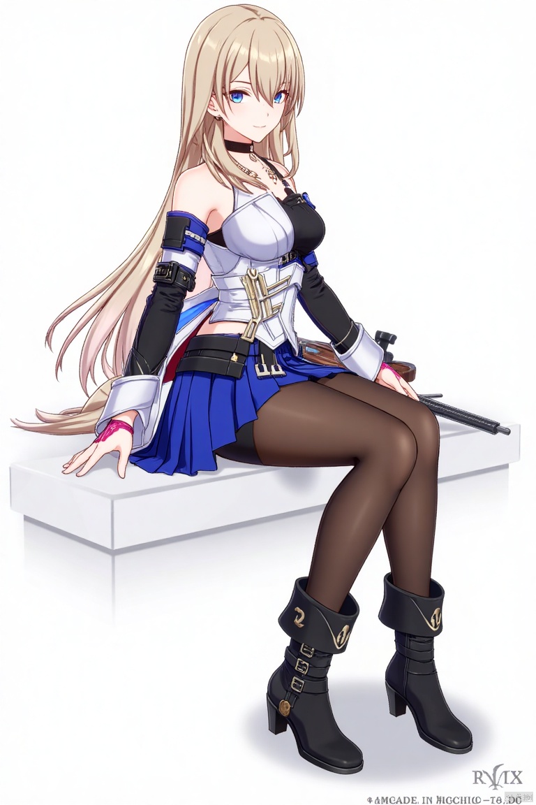 1girl, solo, long hair, breasts, looking at viewer, smile, bangs, blue eyes, skirt, blonde hair, thighhighs, bare shoulders, jewelry, sitting, holding weapon, pantyhose, boots, black footwear, instrument, ROCK text below, Made in Aglong subtitle at bottom.