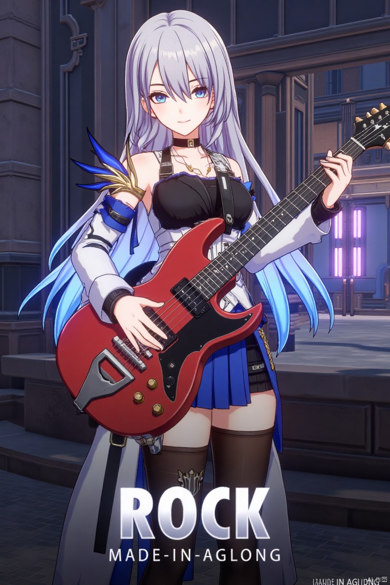 1girl, solo, long hair, holding electric guitar, ROCK text below, Made in Aglong subtitle at bottom.