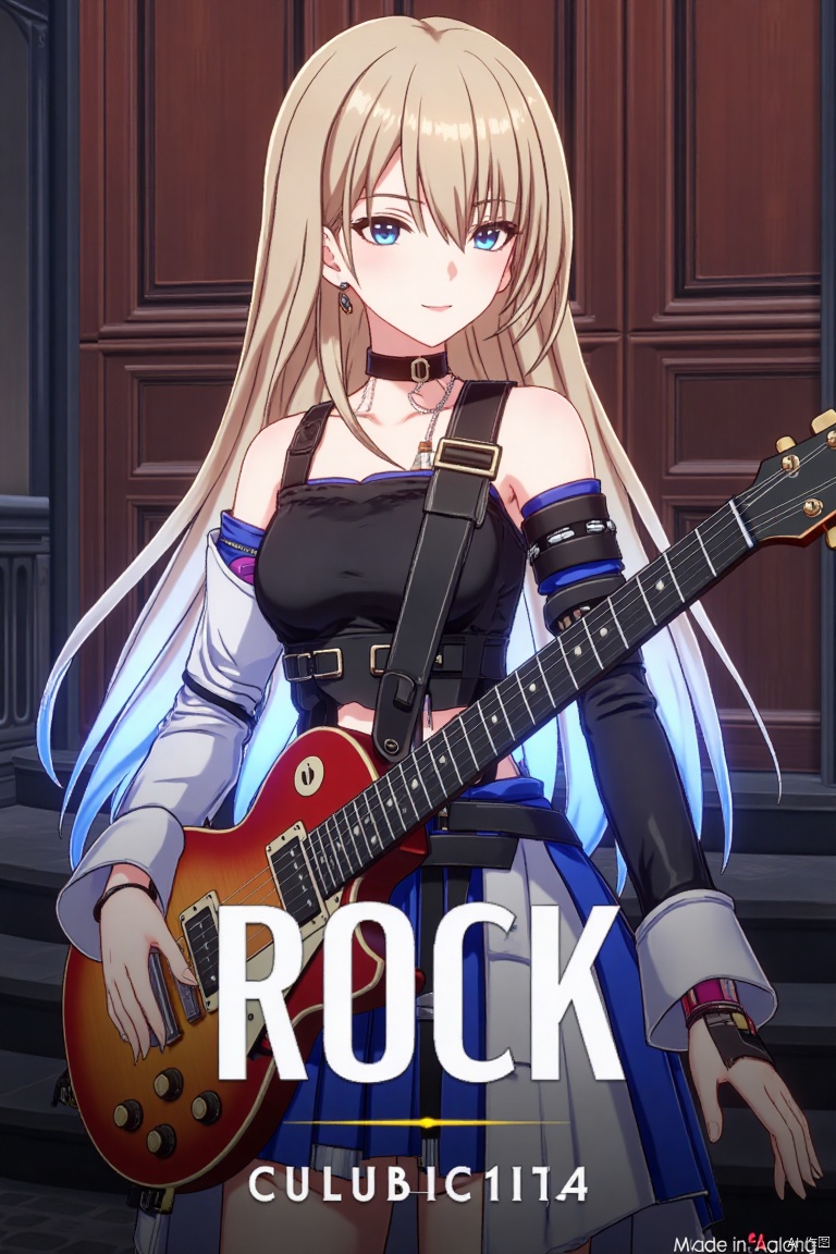 1girl, solo, long hair, holding electric guitar, ROCK text below, Made in Aglong subtitle at bottom.
