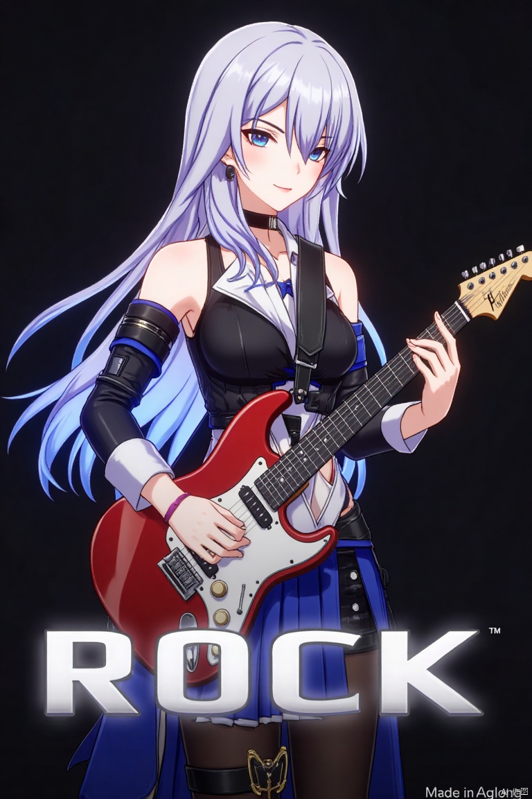 1girl, solo, long hair, holding electric guitar, ROCK text below, Made in Aglong subtitle at bottom.