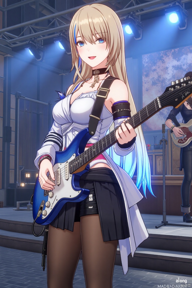 1girl, solo, long hair, breasts, looking at viewer, blush, smile, open mouth, bangs, blue eyes, skirt, blonde hair, shirt, long sleeves, holding electric guitar, bare shoulders, jewelry, blue hair streaks, white shirt with detached sleeves, black skirt, black pantyhose, black choker with feathers, cowboy shot, earrings, parted lips, pantyhose, multicolored hair, holding microphone, stage lights, playing instrument, microphone stand, music, guitar, ROCK text below, Made in Aglong subtitle at bottom.