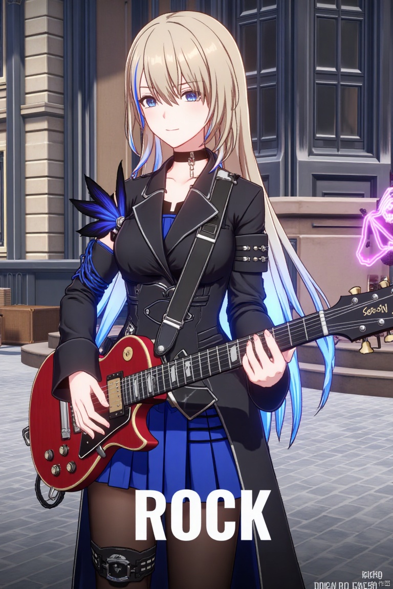 1girl, solo, long hair, holding electric guitar, ROCK text below, Made in Aglong subtitle at bottom.