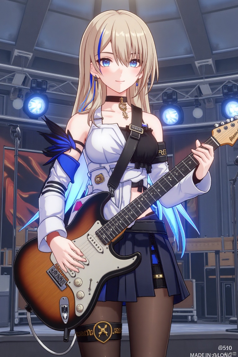 1girl, solo, long hair, breasts, looking at viewer, blush, smile, open mouth, bangs, blue eyes, skirt, blonde hair, shirt, long sleeves, holding electric guitar, bare shoulders, jewelry, blue hair streaks, white shirt with detached sleeves, black skirt, black pantyhose, black choker with feathers, cowboy shot, earrings, parted lips, pantyhose, multicolored hair, holding microphone, stage lights, playing instrument, microphone stand, music, guitar, ROCK text below, Made in Aglong subtitle at bottom.