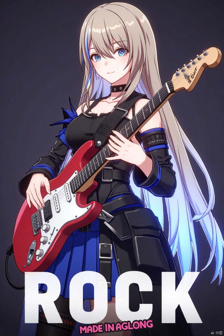 1girl, solo, long hair, holding electric guitar, ROCK text below, Made in Aglong subtitle at bottom.