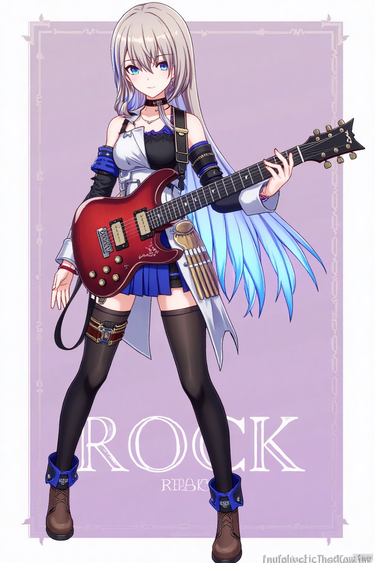 1girl, solo, long hair, holding electric guitar, ROCK text below, Made in Aglong subtitle at bottom.