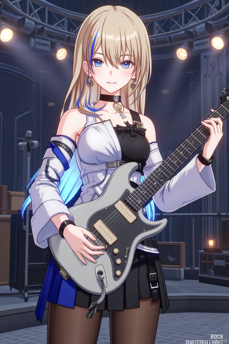 1girl, solo, long hair, breasts, looking at viewer, blush, smile, open mouth, bangs, blue eyes, skirt, blonde hair, shirt, long sleeves, holding electric guitar, bare shoulders, jewelry, blue hair streaks, white shirt with detached sleeves, black skirt, black pantyhose, black choker with feathers, cowboy shot, earrings, parted lips, pantyhose, multicolored hair, holding microphone, stage lights, playing instrument, microphone stand, music, guitar, ROCK text below, Made in Aglong subtitle at bottom.