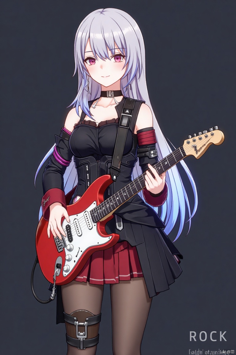 1girl, solo, long hair, holding electric guitar, ROCK text below, Made in Aglong subtitle at bottom.